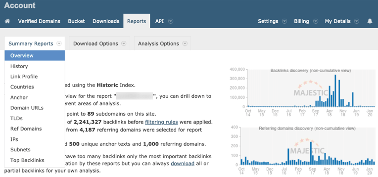 Data in Majestic reports: filters to process ata in Majestic reports