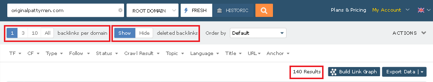 Majestic Backlinks tab Filters: Backlinks per referring domain and options to show/hide deleted backlinks