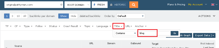 Filtering backlinks containing the word “blog” in the page title.